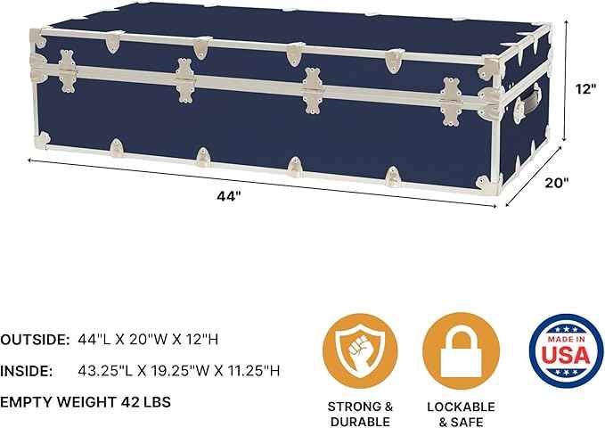 Rhino Trunk & Case Trundle Home Storage & College Trunk With Wheels - 44”x20”x12” - 1500+ lbs Capacity. USA Made Secure Under-Dorm Bed Footlocker for Clothes and Food, and Underbed Shoe Storage Box