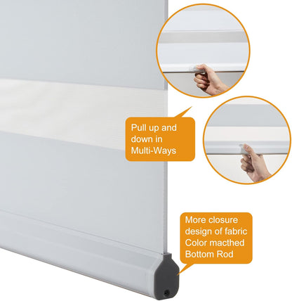 Persilux Cordless Zebra Blinds for Indoor Windows, Free-Stop Light Filtering Sheer Shades, Dual Layer for Day and Night, Roller Shades for Home (31.5" W X 64" H, White)