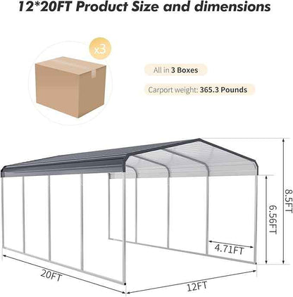 Garvee 12x20 ft Heavy Duty Metal Carport Shed，Reinforced Galvanized Steel Frame & Roof, Permanent All-Weather Shelter for Cars, Trucks, Boats, ATVs, Tractors & Motorcycles