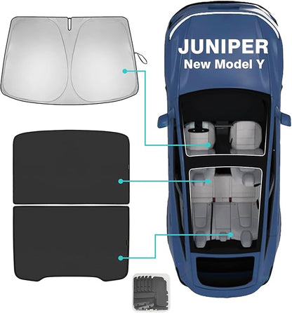 BestEvMod 3PCS Windshield& Roof Sunshade Compatible with 2026 2025 Tesla New Model Y Juniper Foldable Sun Shade Accessory Heat UV Protection Visor Accessories with Storage Bag (Roof+Windshield, Black)
