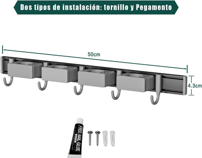 Broom Holder Wall Mount Movable Hooks and Clips Mop and Broom Hanger Wall Mounted Aluminum Garage Tool Organizer Storage adhesive (40cm, Grey)