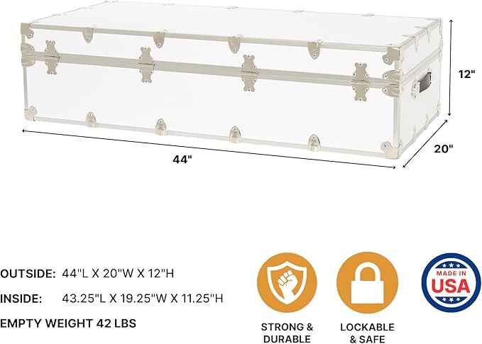 Rhino Trunk & Case Trundle Home Storage & College Trunk With Wheels - 44”x20”x12” - 1500+ lbs Capacity. USA Made Secure Under-Dorm Bed Footlocker for Clothes and Food, and Underbed Shoe Storage Box