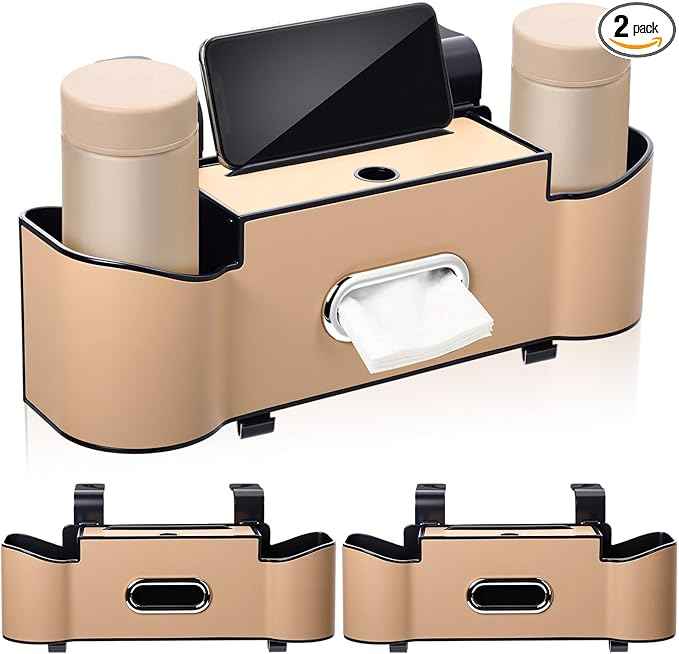LemonRoad 2 Pack Multifunctional Car Seat Back Storage Box Car Seat Back Organizer with Tissue Box, 2 Cup Holders and Hooks for Hold Phone, Drinks, Handbag, Fits for Most Vehicles (Beige)
