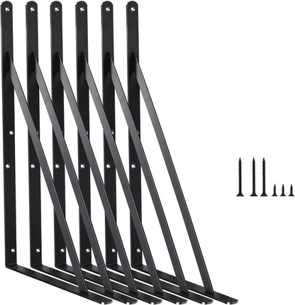 6 Pack L16 x H 10" Black Heavy Duty Shelf Brackets with Screws Metal Shelf Brackets Shelf Support Angle Brackets for Shelves L Brackets Heavy Duty Floating Shelf