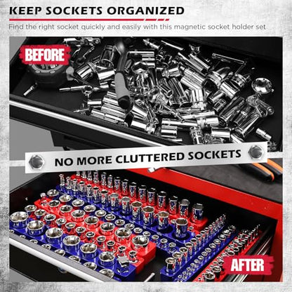 12-Piece 1/4" 3/8" 1/2"-Drive SAE & Metric Magnetic Socket Organizer Set (Holds 143 Sockets) -Detachable Tool Tray with 5mm Magnetic Base for Garage/Home(Sockets Not Included) (12 Count)