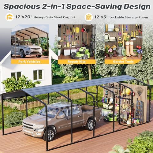 12x25 FT Metal Carport with Side Storage
