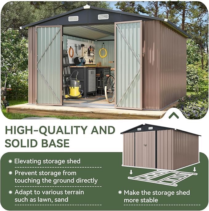 10x12 FT Galvanized Steel Outdoor Storage Shed with Base