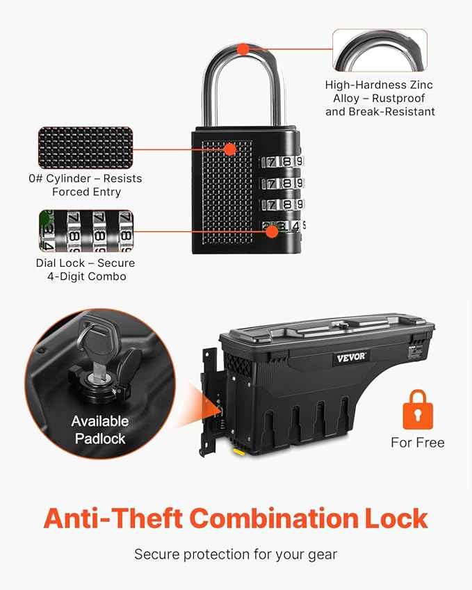 VEVOR Truck Bed Storage Box, Compatible with Dodge Ram 1500 2019-2021 L, Waterproof ABS Wheel Well Tool Box with Lockable Lid and Password Padlock, 6.6 Gal/25 L Truck Bed Toolbox, Driver Side, Black