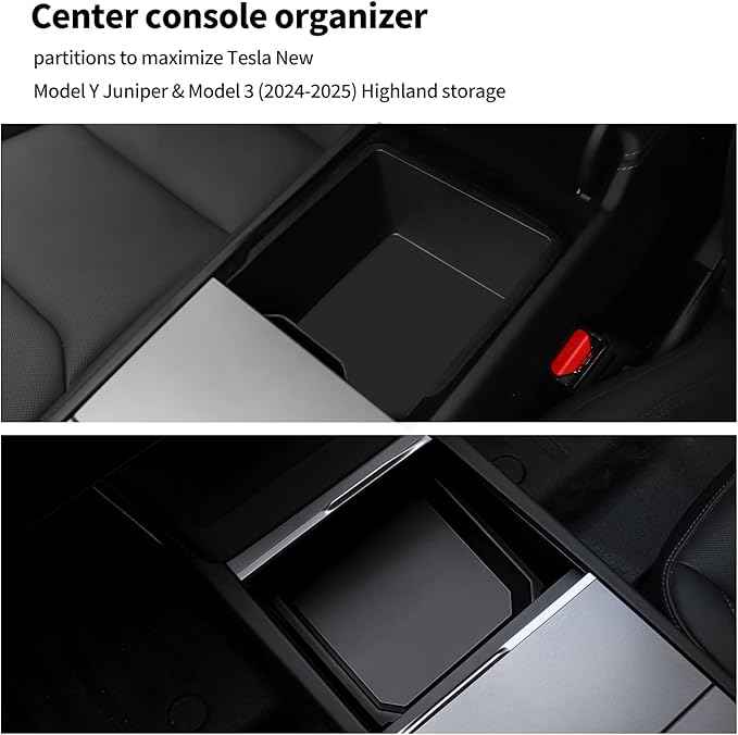 Center Console Organizer Tray for Tesla Model Y Juniper 2025-2026&Tesla Model 3 Highland 2024-2026, Black Storage Box Set with Cup Holder and Camera Cover, 2 Compartments