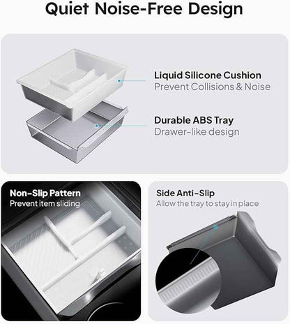 Wigoo Center Console Organizer for Tesla Model Y Juniper (Only Premium & Performance 2025 2026) and All Model 3 Highland Accessories [Double-Layer Storage, Smooth Sliding] 4PCS White