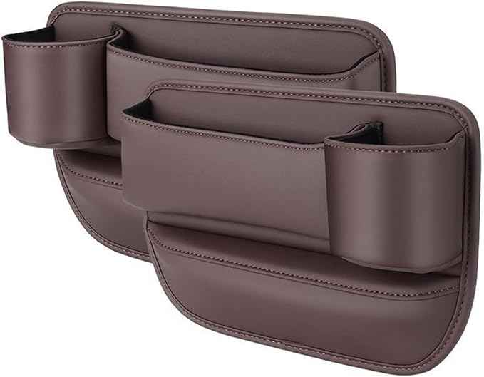 Car Seat Gap Storage Bag for Tesla Model 3 S X Y 2012-2025, 2 Pack Universal Leather Front Filler Organizer Box with Cup Holder, Premium for Keys Phone Glasses Cards, D/Coffee
