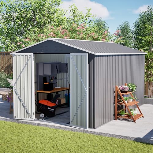 8x12 Ft Large Metal Outdoor Storage Shed with Floor Frame & Lock