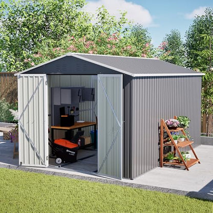 8x12 Ft Large Metal Outdoor Storage Shed with Floor Frame & Lock