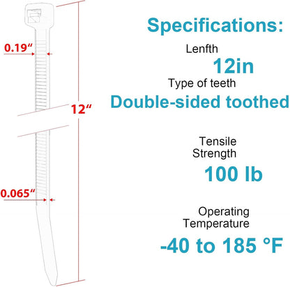 12 Inch Zip Ties Double Sided Toothed,100 LBS Tensile Strength Heavy Duty Cable Wire Ties With Self-Locking Adjustable More Durable Nylon Tie Wraps for Indoor Outdoor（200 Pack）