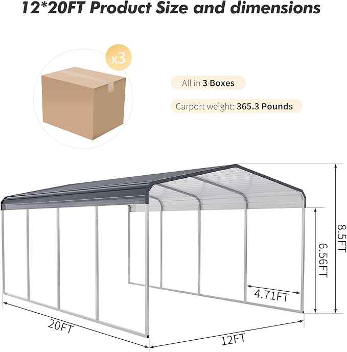12x20 Metal Carport, Heavy Duty Carport, Shelter with Galvanized Metal Roof and Updated Frame, Car Canopy Garage for Car, Pickup, Boats and Tractors