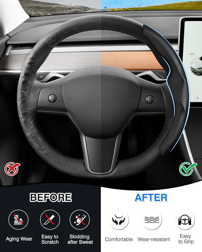 Steering Wheel Cover for 2016-2026 Telsa Model 3/Y Highland/Juniper Accessories Steering Wheel Cover Protector Anti-Slip, Comfortable Grip, Breathable, Model 3/Y Accessories, Black Leather