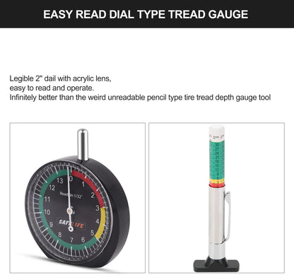 SAFELIFE Tire Tread Depth Gauge, Dial Type Tire Tread Depth Gauge Professional for Motorcycle, Car,Truck and Bus,Easy Reading Tyre Tread Depth Gauge in 32nds