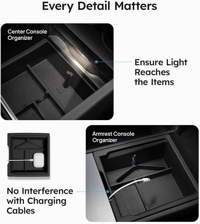Wigoo Center Console Organizer for Tesla Model Y Juniper (Only Premium & Performance 2025 2026) and All Model 3 Highland Accessories [Double-Layer Storage, Smooth Sliding] 4PCS Black