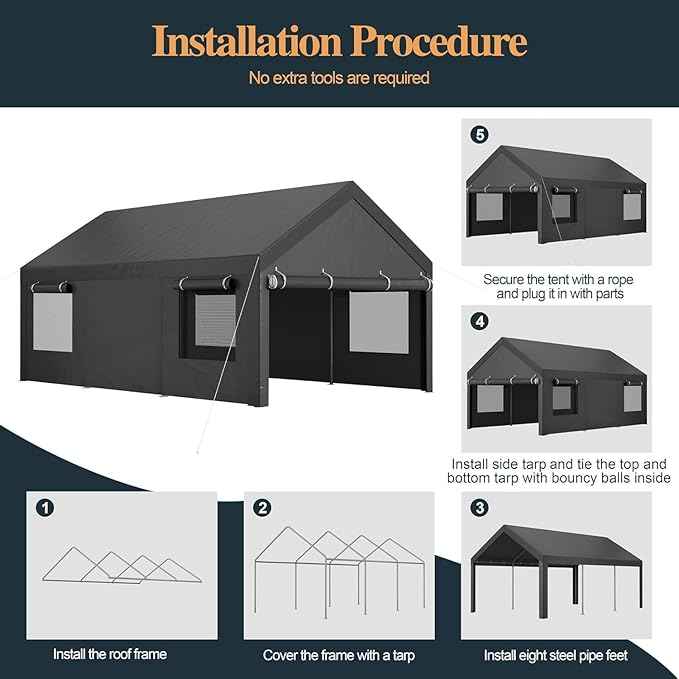 Shintenchi Carport 10' x 20' Heavy Duty Portable Garage, Carport Canopy with Side-Opening Door & Roll-Up Windows, Car Canopy for Truck,Car,Grey