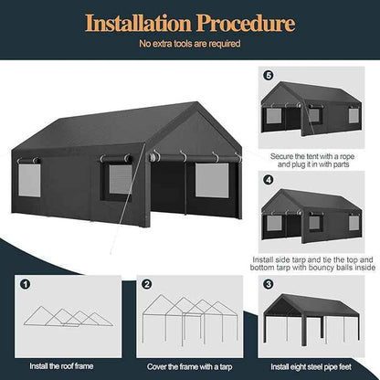 Shintenchi Carport 10' x 20' Heavy Duty Portable Garage, Carport Canopy with Side-Opening Door & Roll-Up Windows, Car Canopy for Truck,Car,Grey