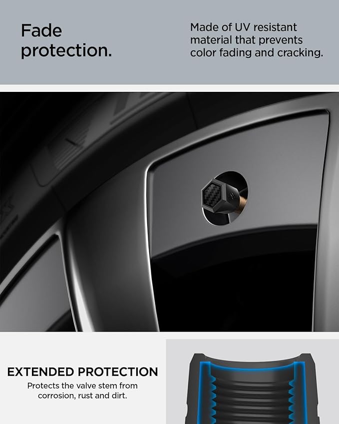 Spigen Magnetic Car Tire Valve Caps in Carbon Black (Never Lose, Fade Resistant) for Schrader Valve Stem Caps - 4 Pack