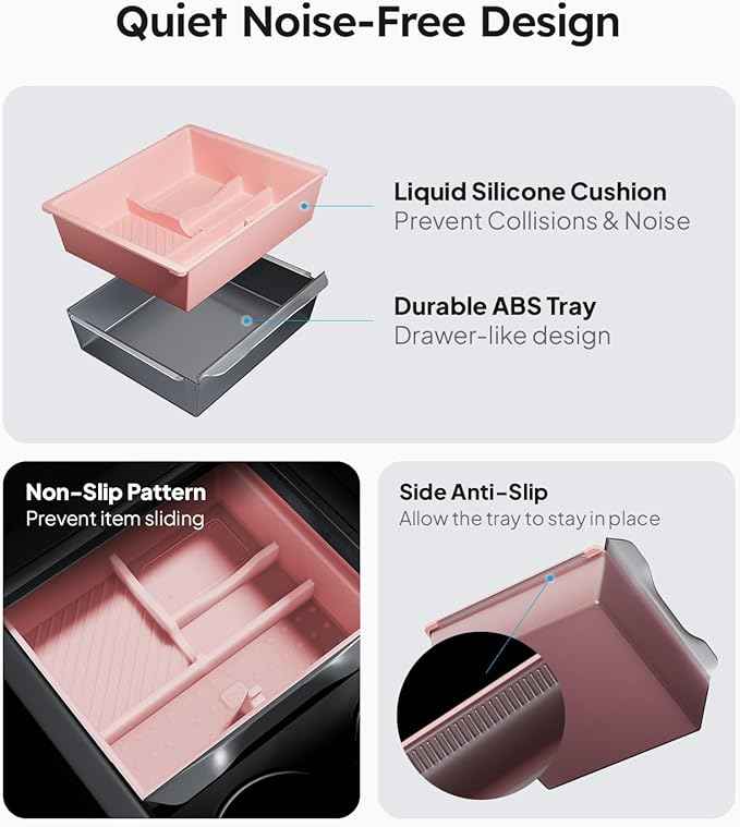 Wigoo Center Console Organizer for Tesla Model Y Juniper (Only Premium & Performance 2025 2026) and All Model 3 Highland Accessories [Double-Layer Storage, Smooth Sliding] 4PCS Pink