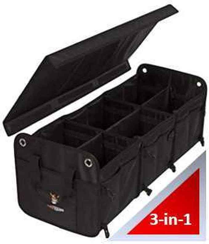 Tuff Viking Convertible Large 3 Compartment SUV Trunk Organizer | Truck Bed Organizer with Cover for Trucks, Cars, SUVs and Groceries. PATENTED (4-in-1 with Cover, Black)