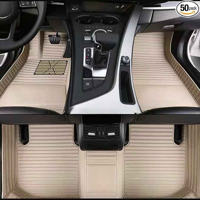 Custom Car Floor Mats for 99.99% Sedan SUV Sports Car Men Women Protection Full Coverage Pads Anti-Slip Leather Floor Lining All Weather Car Floor Mats (Beige Stripe)