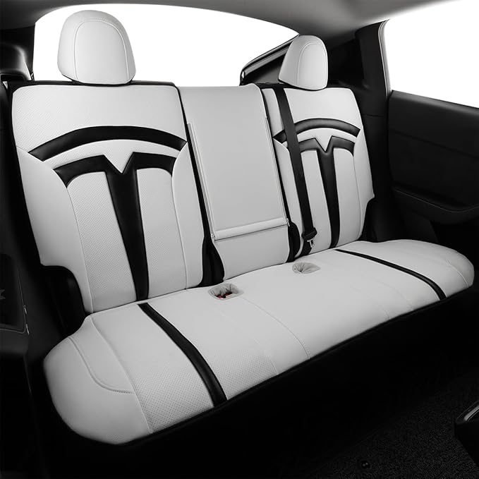 EKR Model Y Seat Covers for Tesla Model y 2020 2021 2022 2023 2024 2025 Long Range/Performance/Standard Range (Only for 5 Seats),Leather Car Seat Cover Full Set,Faux Leather (Black/White)