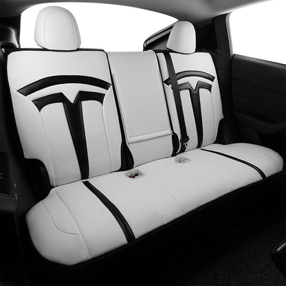 EKR Model Y Seat Covers for Tesla Model y 2020 2021 2022 2023 2024 2025 Long Range/Performance/Standard Range (Only for 5 Seats),Leather Car Seat Cover Full Set,Faux Leather (Black/White)