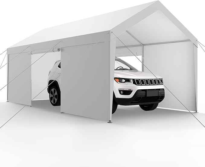 VEVOR Carport, 10 x 20 FT Outdoor Car Canopy, Potable Carport with Removable Sidewalls & Door, Heavy Duty Car Shelter, UV-Resistant & Water-Resistant, All-Season Protection for Automobile Boat White