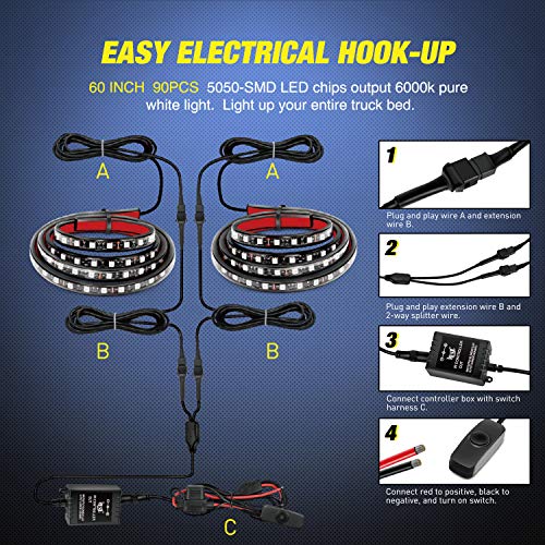 TL 31 2PCS 60Inch RGB Truck Bed Light Strip Kit 180 LED RF Remote Control with On Off Switch Blade Fuse 2Way Splitter Extension Cable for Cargo Pickup Truck SUV RV Boat