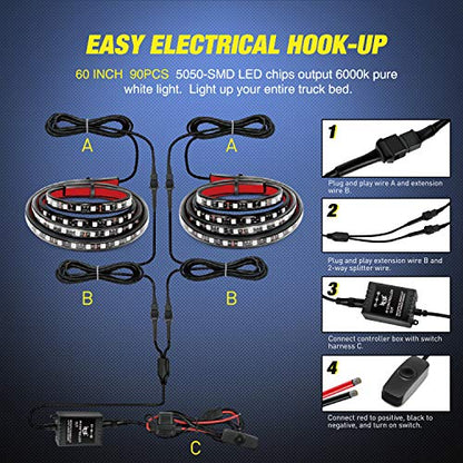 TL 31 2PCS 60Inch RGB Truck Bed Light Strip Kit 180 LED RF Remote Control with On Off Switch Blade Fuse 2Way Splitter Extension Cable for Cargo Pickup Truck SUV RV Boat