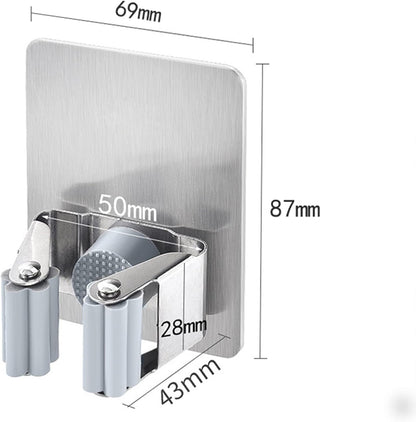 HANZE 4 Pack Stainless Steel Mop Broom Holder Organizer, Self Adhesive Wall Mounted Mop Organizer Storage Rack Clip for Kitchen Bathroom and Garage (Rectangle, Large)