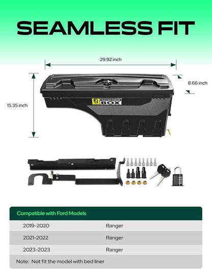 YHTAUTO Truck Bed Storage Tool Box Lockable Compatible with Ford Ranger 2019 2020 2021 2022 2023, Passenger Side, Not Fit the Model with Bed Liner, Swing Waterproof Wheel Well Toolbox