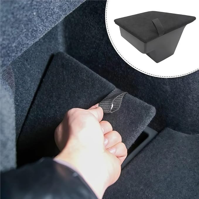 GGCLIMAX Rear Trunk Left Side Storage Box Compatible for Tesla Model 3 2020-2023 TPE+Flocking Material Black Trunk Organizer With Drawstring Partition Decoration Car Accessories