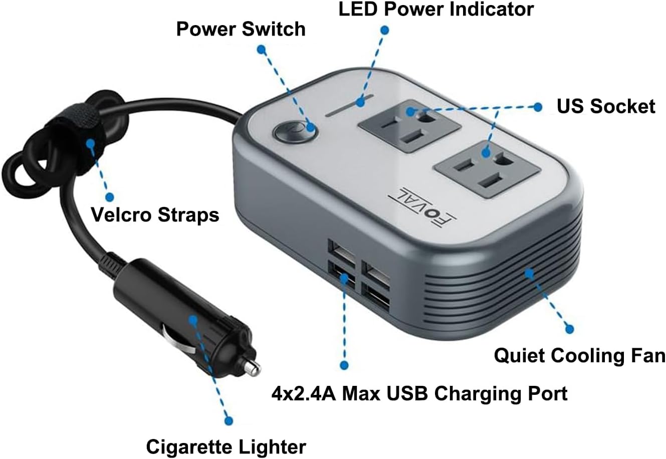 200W Car Power Inverter, FOVAL 12V DC to 110V AC Car Inverte with 4 USB Ports Car Outlet Adapter, Power Inverter for Vehicles, Car Plug Adapter Outlet for Laptop Computer Charger