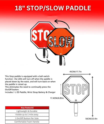18" LED Stop/Slow Paddle, Reflective Hand Held Stop Sign with Handle, Steady/Flashing Light Modes
