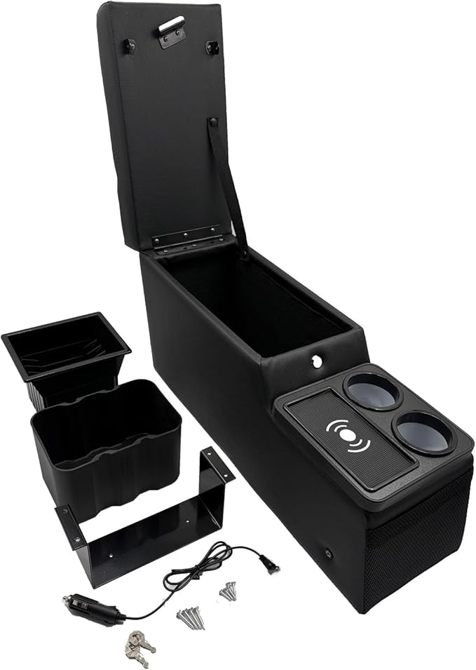 Truck Center Console Truck Seat/Bench Organizer with Wireless Charging and Holder Cups for Jeep CJ5 1976-1983,Jeep CJ7 1976-1986,Jeep Wrangler(YJ) 1987-1995 (Black)