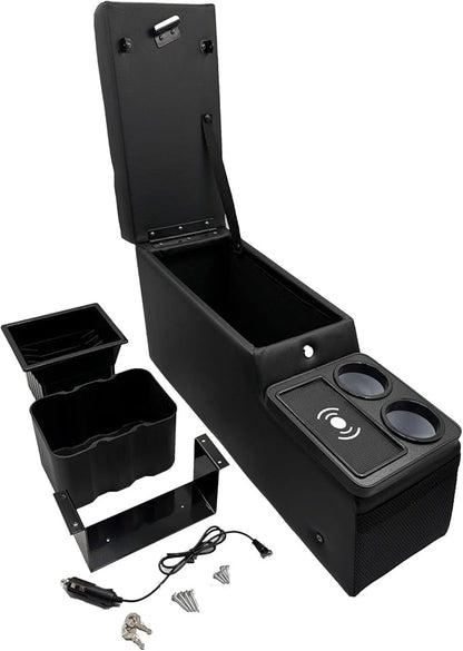 Truck Center Console Truck Seat/Bench Organizer with Wireless Charging and Holder Cups for Jeep CJ5 1976-1983,Jeep CJ7 1976-1986,Jeep Wrangler(YJ) 1987-1995 (Black)