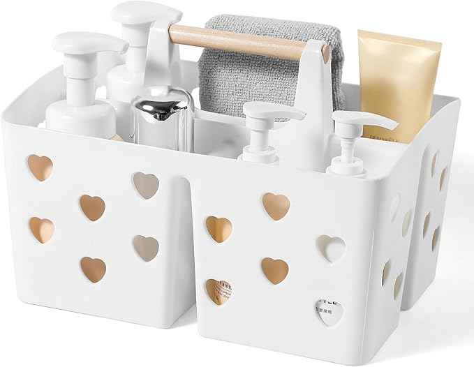 Portable Shower Caddy Plastic Shower Basket Organizer Divided Bathroom Caddy Storage Cleanning Caddy Tote with Handle for College, Dorm Room, Kitchen, White