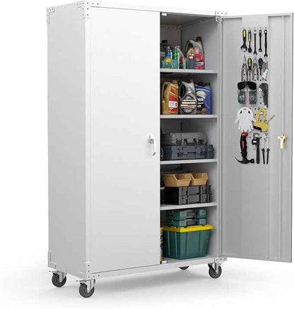 VINGLI Upgraded Wide & Deep Garage Storage Cabinet, Metal Storage Cabinet with Pegboards, Wheels, Locking Doors and Adjustable Shelves (Gray, 43''W x 20''D x 72''H)