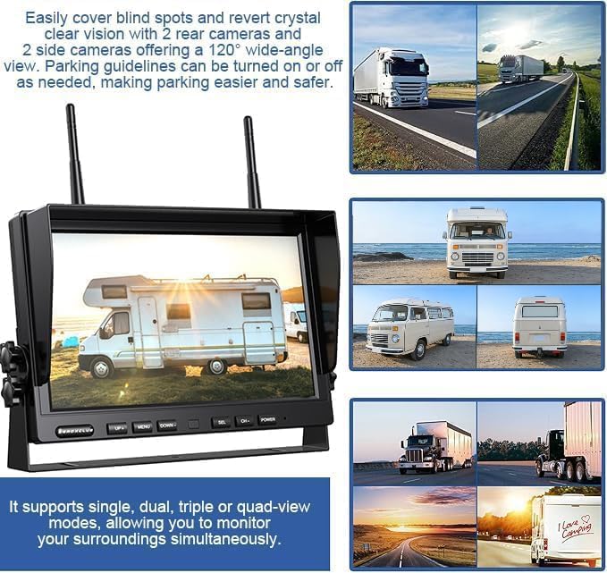 1080P Wireless Backup Camera System with 10 Inch DVR 3 Split Monitor