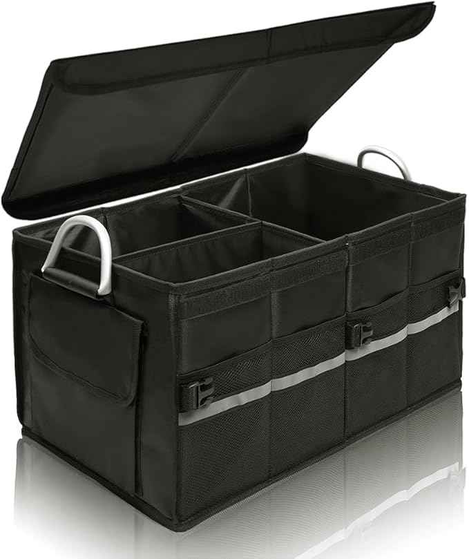 Trunk Organizer With Lid,Medium,Black 55L,For SUV Car Truck,Collapsible Waterproof Oxford Fabric,Portable Multipurpose sorting,3-Compartments with Aluminium Alloy Handle