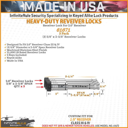 61671 | 3 Pack, Keyed Alike, Receiver Locks for 2" Receiver - Class III & IV