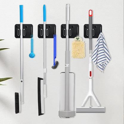 4-Pack Broom Holder with Heavy Duty Hooks, Upgraded Stainless Steel Mop Hanger. Wall Mount Utility Tool Rack for Kitchen Garden Laundry Garage. Matte Black.