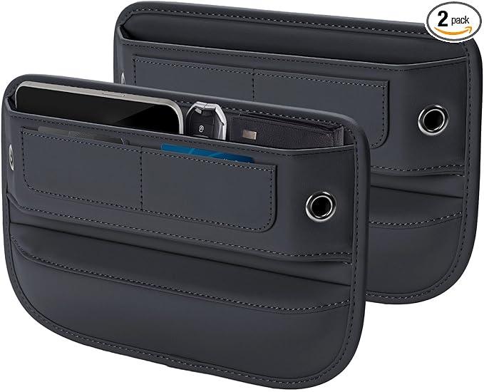 Universal Fit Premium Leather Car Seat Gap Filler Organizer, Center Console Organizer with Card Slots, Clever Gifts for Car SUV Truck Owners (Black, 2 Pack)