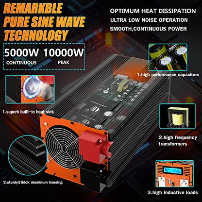 5000W Pure Sine Wave Power Inverter 12V DC to 110V 120V Converter for Family RV Off Grid Solar System Emergency Power Supply