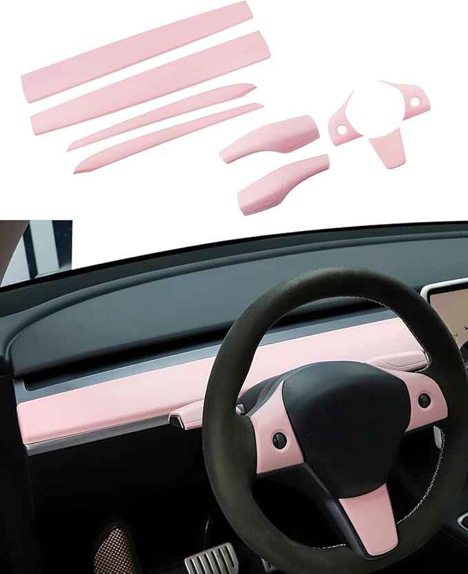 Pink Dashboard Cover and Front Door Cover Compatible with Tesla Model 3（2021-2023） and Model y（2019-2023 (Pink 9 Sets)