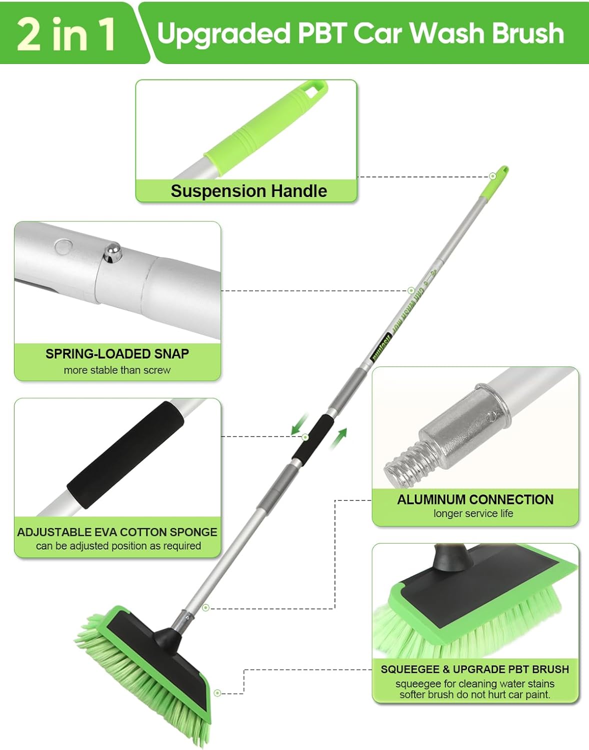 2 in 1 Car Wash Brush with Squeegee PBT Soft Bristle Truck Scrub Detail Brush 60” 151cm with Adjustable Long Handle for Interior Exterior Car Truck RV Boat Deck House Siding Cleaning Sweep Snow - AutoBay